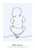 Baby Omrids Liggende, personlig line art fødselsplakat i babyblå med navn og fødselsdato