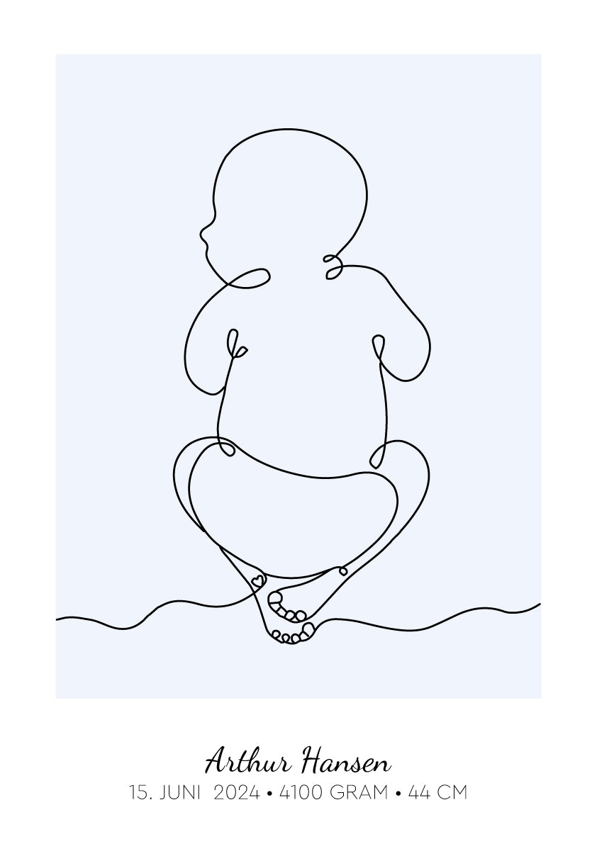 Baby Omrids Liggende, personlig line art fødselsplakat i babyblå med navn og fødselsdato