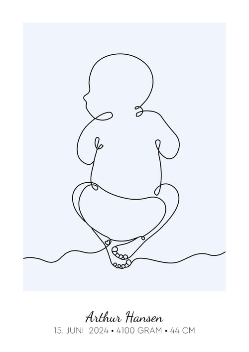 Baby Omrids Liggende, personlig line art fødselsplakat i babyblå med navn og fødselsdato