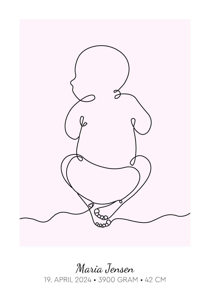Baby Omrids Liggende, personlig line art fødselsplakat i babypink med navn og fødselsdato