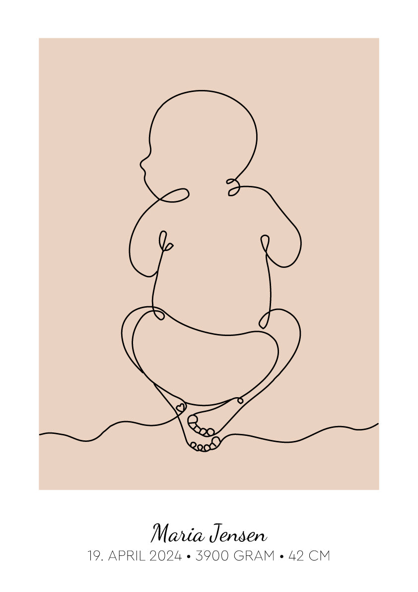 Baby Omrids Liggende, personlig line art fødselsplakat i fersken med navn og fødselsdato
