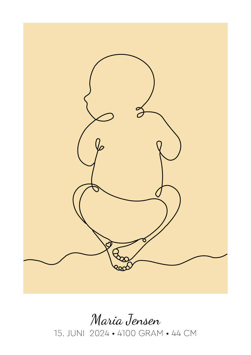 Baby Omrids Liggende, personlig line art fødselsplakat i karrygul med navn og fødselsdato