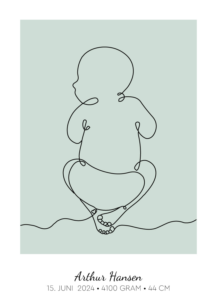 Baby Omrids Liggende, personlig line art fødselsplakat i pastelgrøn med navn og fødselsdato