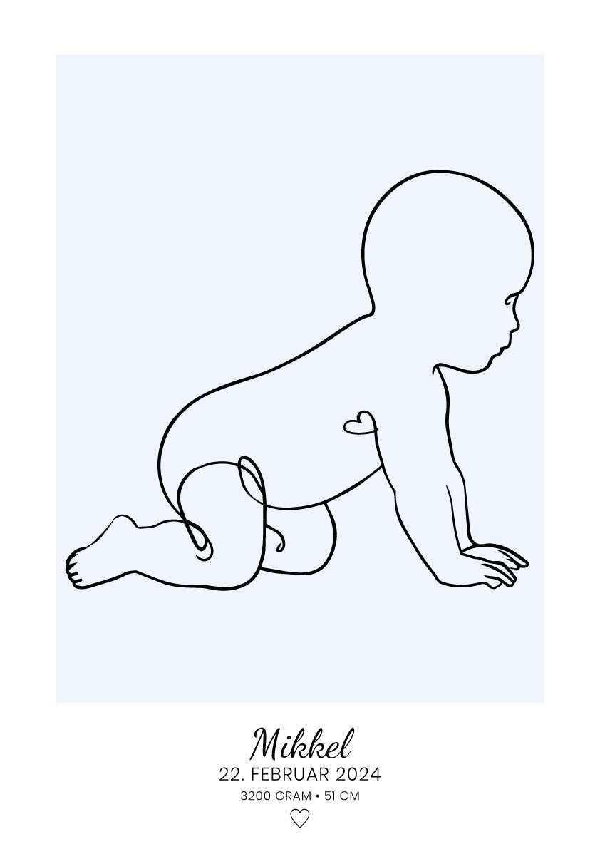 Personlig baby-plakat med stregtegning af kravlende baby i babyblå, navn og fødselsdato