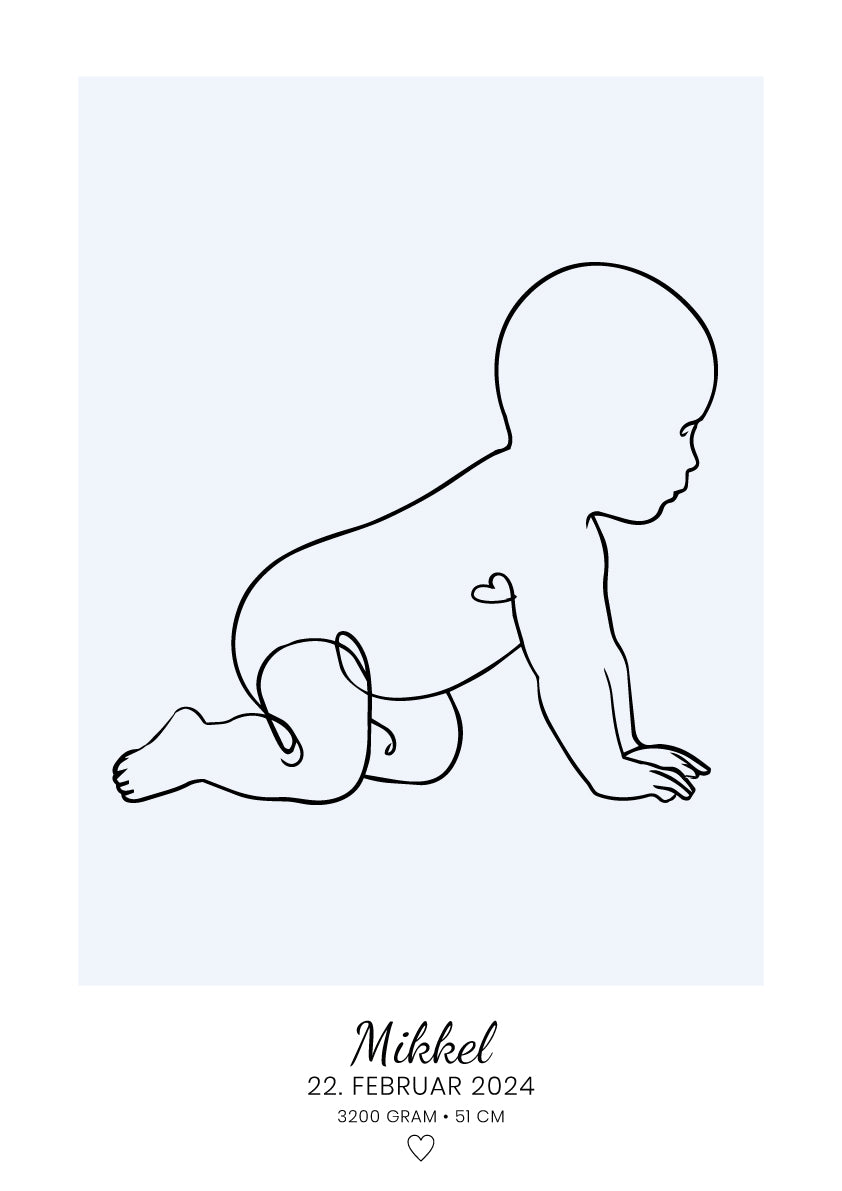 Personlig baby-plakat med stregtegning af kravlende baby i babyblå, navn og fødselsdato