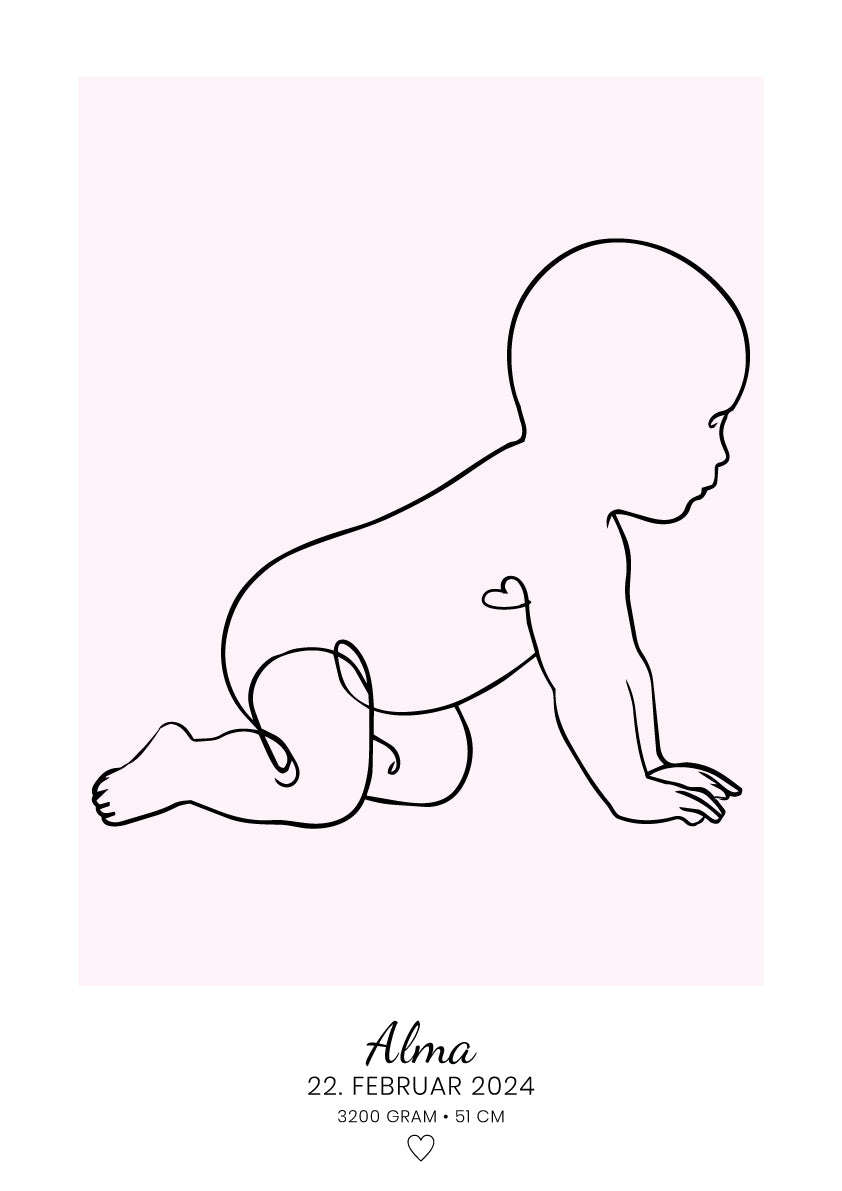 Personlig baby-plakat med stregtegning af kravlende baby i babypink, navn og fødselsdato