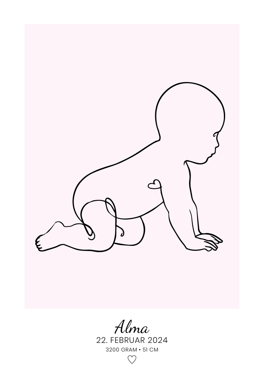 Personlig baby-plakat med stregtegning af kravlende baby i babypink, navn og fødselsdato
