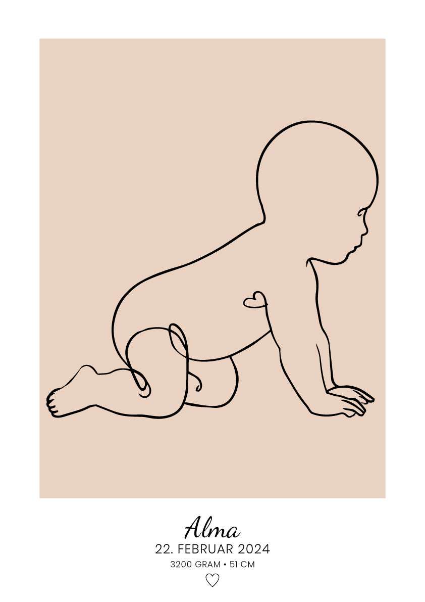 Personlig baby-plakat med stregtegning af kravlende baby i fersken, navn og fødselsdato