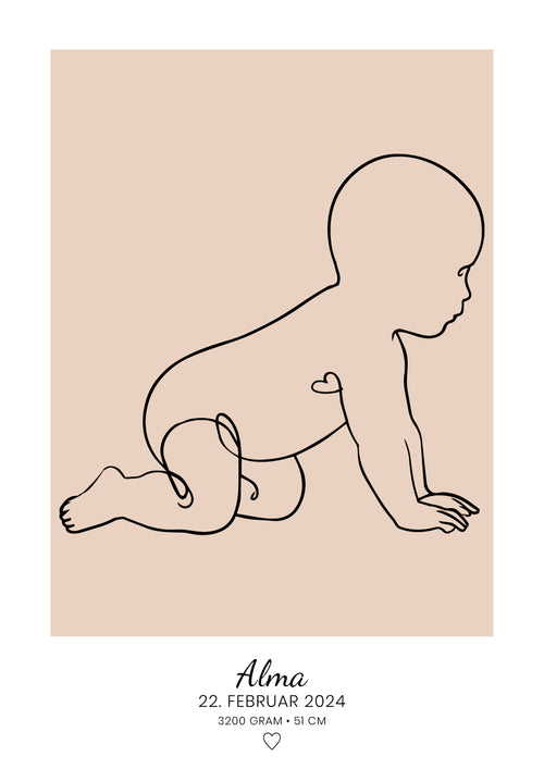 Personlig baby-plakat med stregtegning af kravlende baby i fersken, navn og fødselsdato