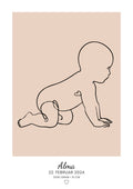 Personlig baby-plakat med stregtegning af kravlende baby i fersken, navn og fødselsdato