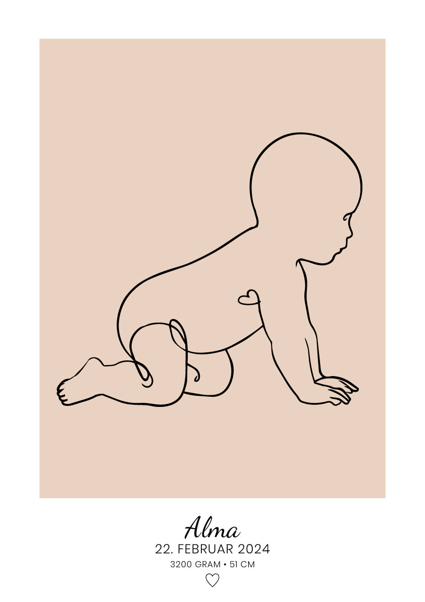 Personlig baby-plakat med stregtegning af kravlende baby i fersken, navn og fødselsdato