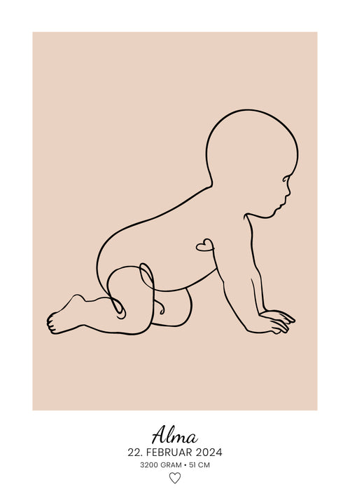 Personlig baby-plakat med stregtegning af kravlende baby i fersken, navn og fødselsdato