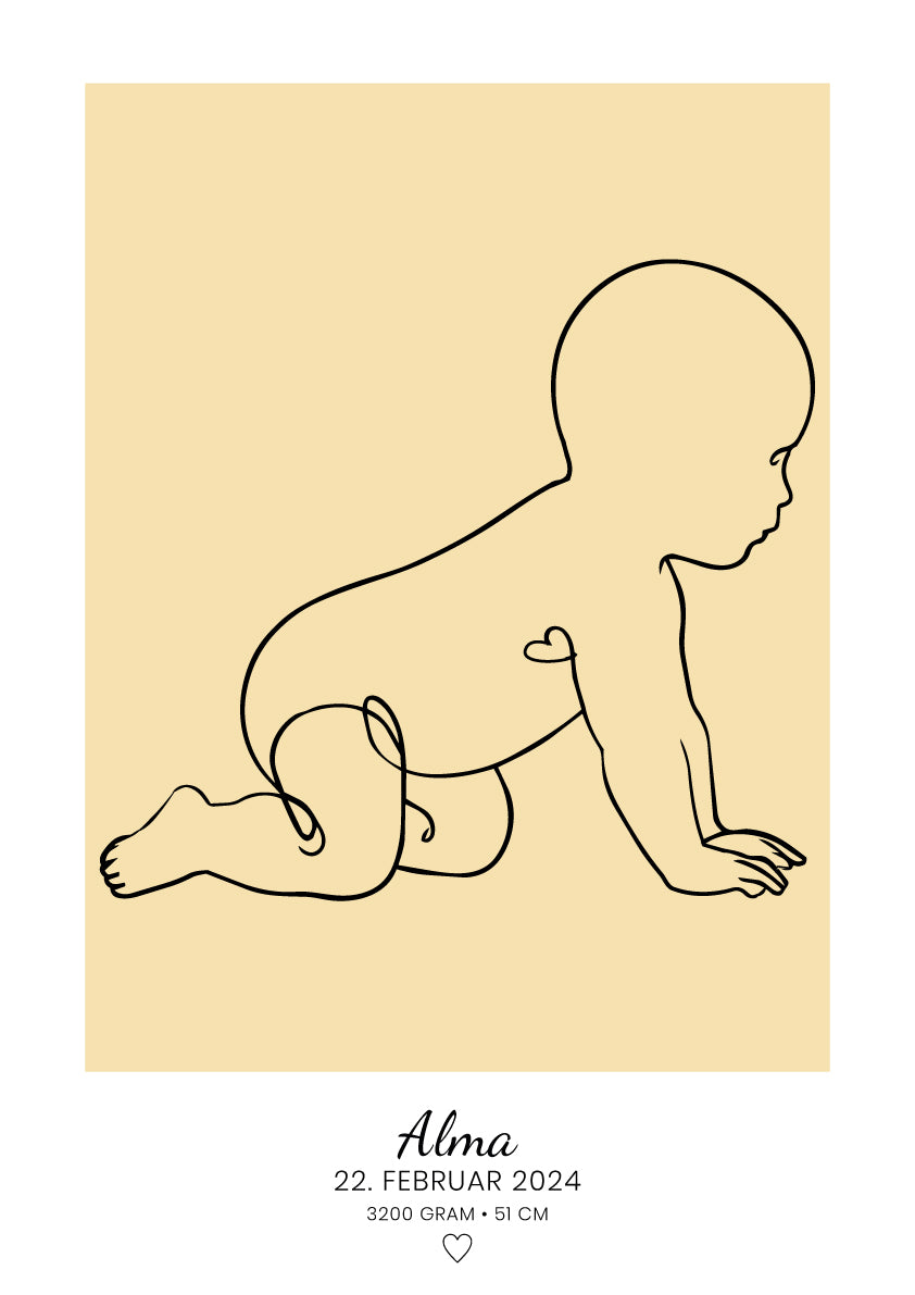 Personlig baby-plakat med stregtegning af kravlende baby i karrygul, navn og fødselsdato