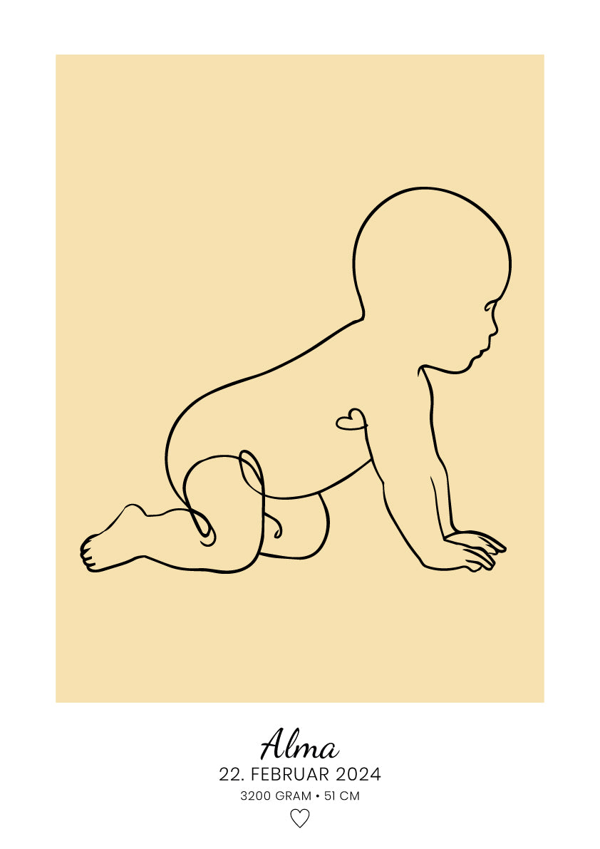 Personlig baby-plakat med stregtegning af kravlende baby i karrygul, navn og fødselsdato
