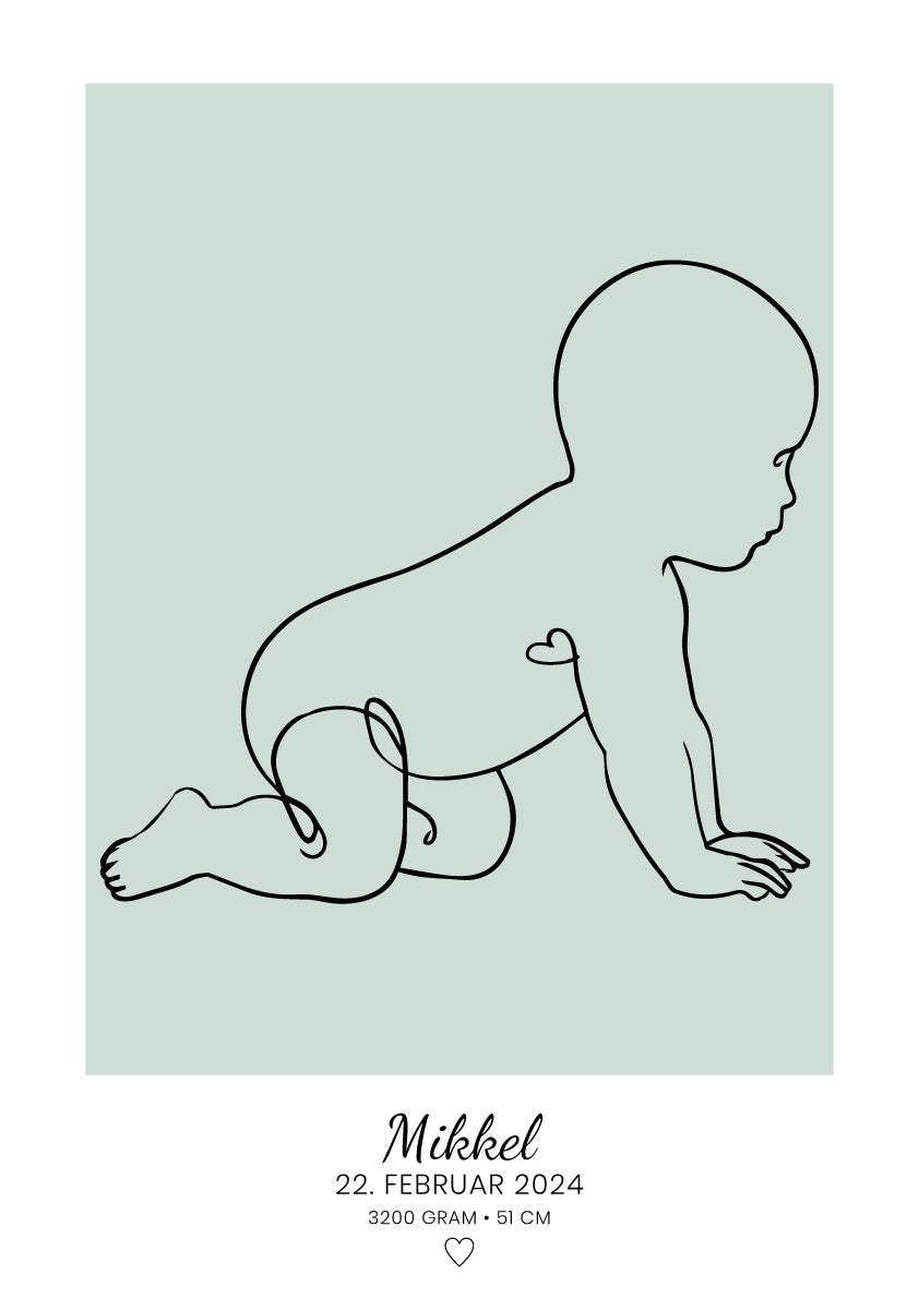 Personlig baby-plakat med stregtegning af kravlende baby i pastelgrøn, navn og fødselsdato