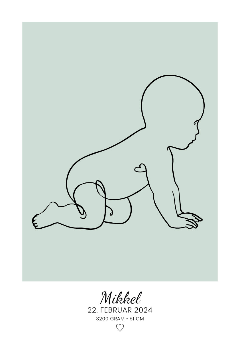 Personlig baby-plakat med stregtegning af kravlende baby i pastelgrøn, navn og fødselsdato