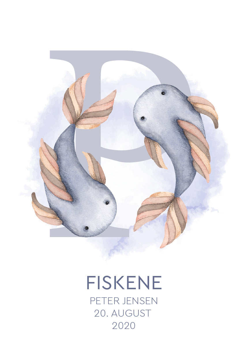 Personlig stjernetegnsplakat Fiskene i blå med navn og fødselsdato til børneværelse