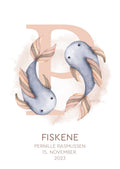 Personlig stjernetegnsplakat Fiskene i fersken med navn og fødselsdato til børneværelse