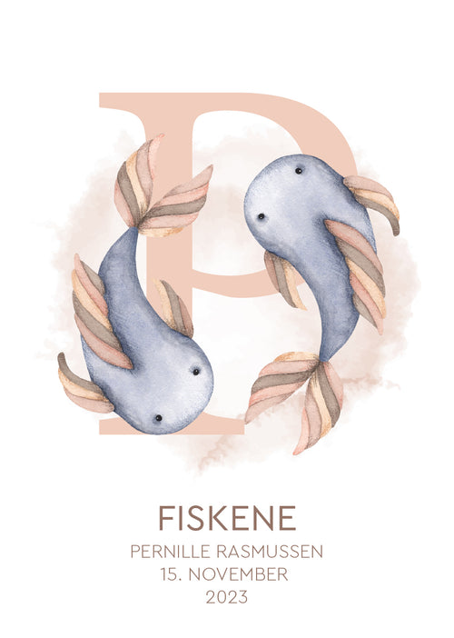 Personlig stjernetegnsplakat Fiskene i fersken med navn og fødselsdato til børneværelse