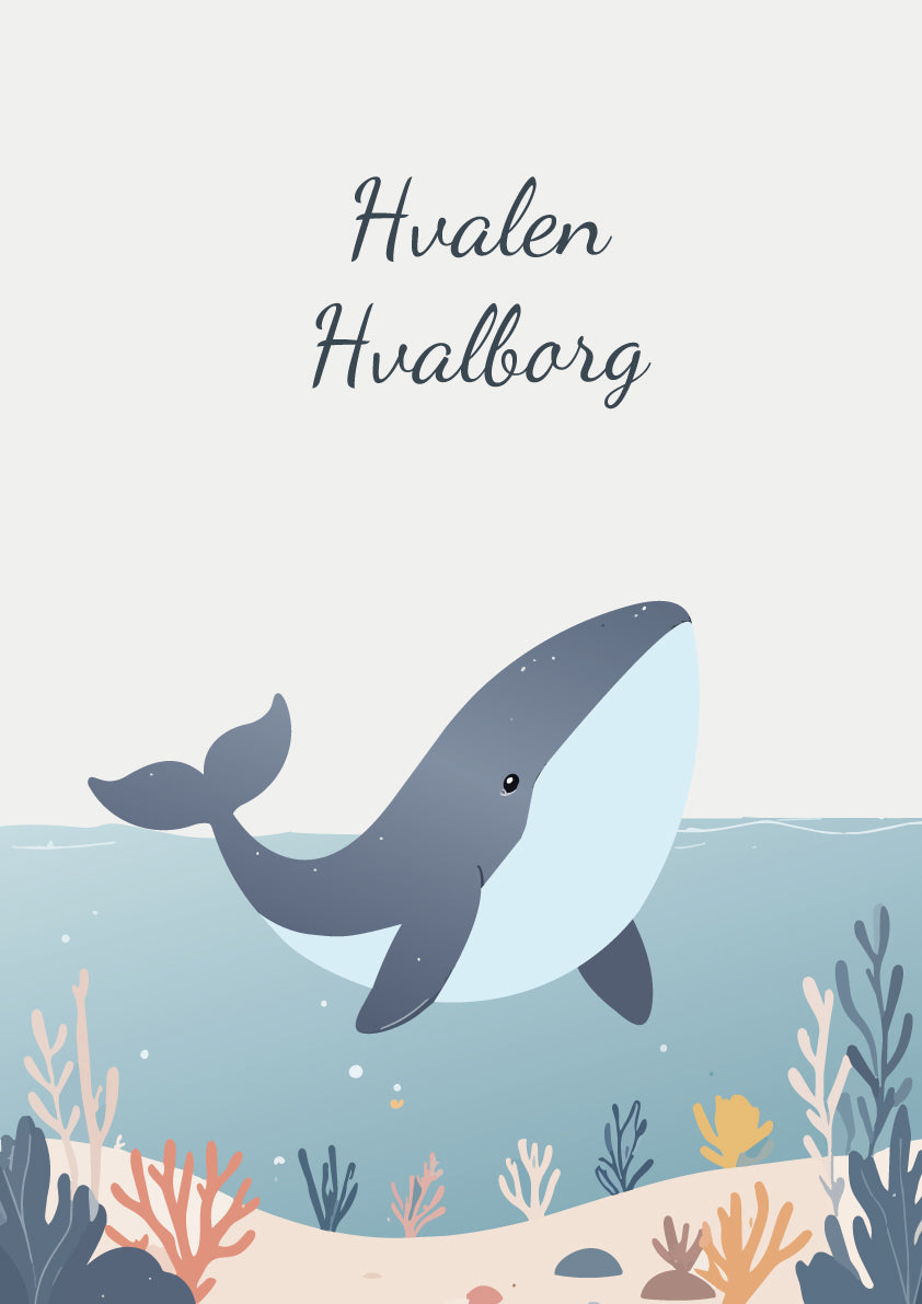 Børneplakat med Hvalen Hvalborg og en glad hval i et undervandsunivers
