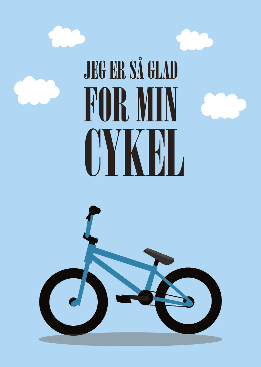 Børneplakat i blå med teksten fra børnesangen Jeg er så glad for min cykel