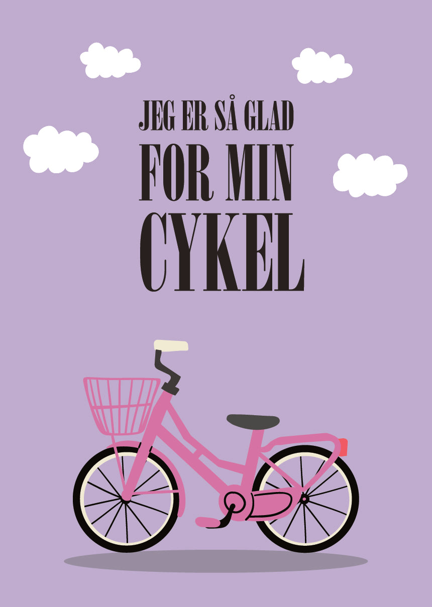 Børneplakat i lilla med teksten fra børnesangen Jeg er så glad for min cykel