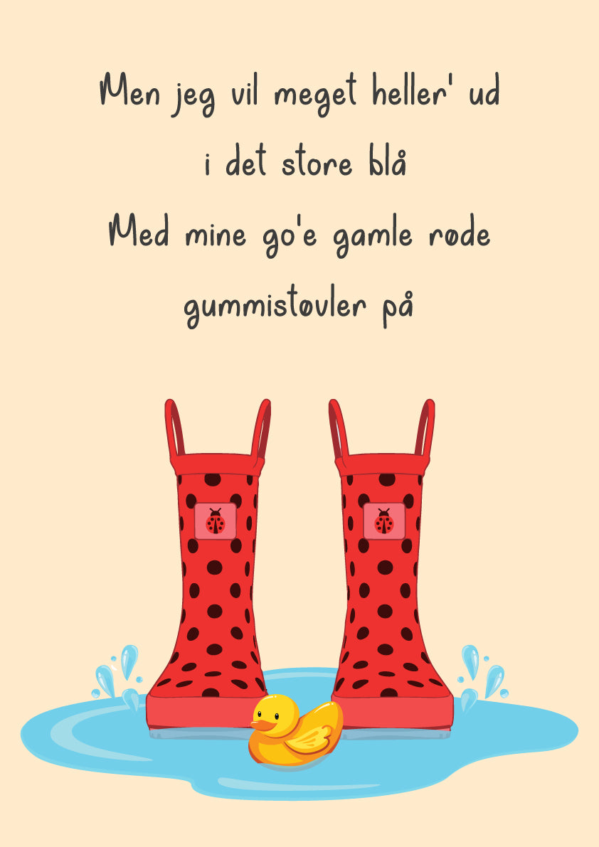 Børne-plakat Røde Gummistøvler i beige med tekst fra børnesangen