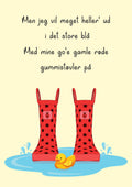 Børne-plakat Røde Gummistøvler i gul med tekst fra børnesangen