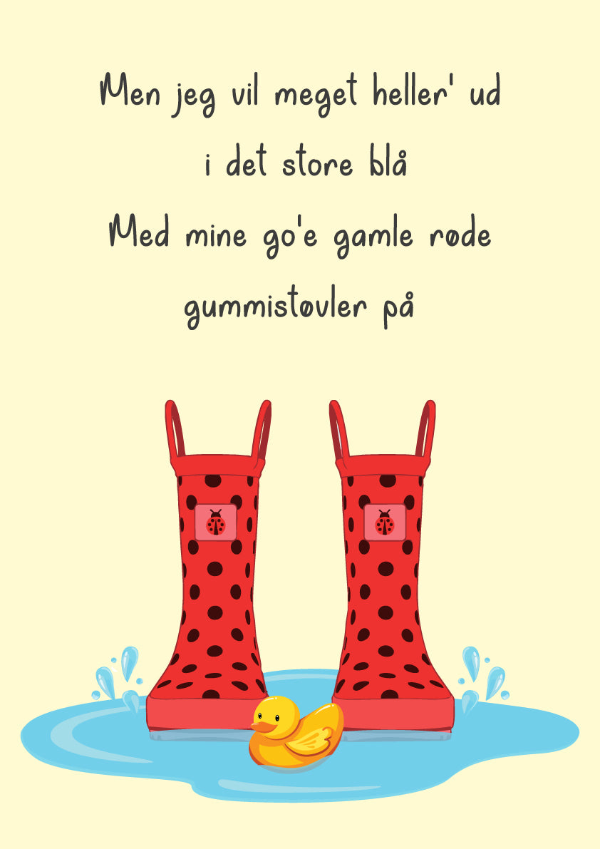 Børne-plakat Røde Gummistøvler i gul med tekst fra børnesangen