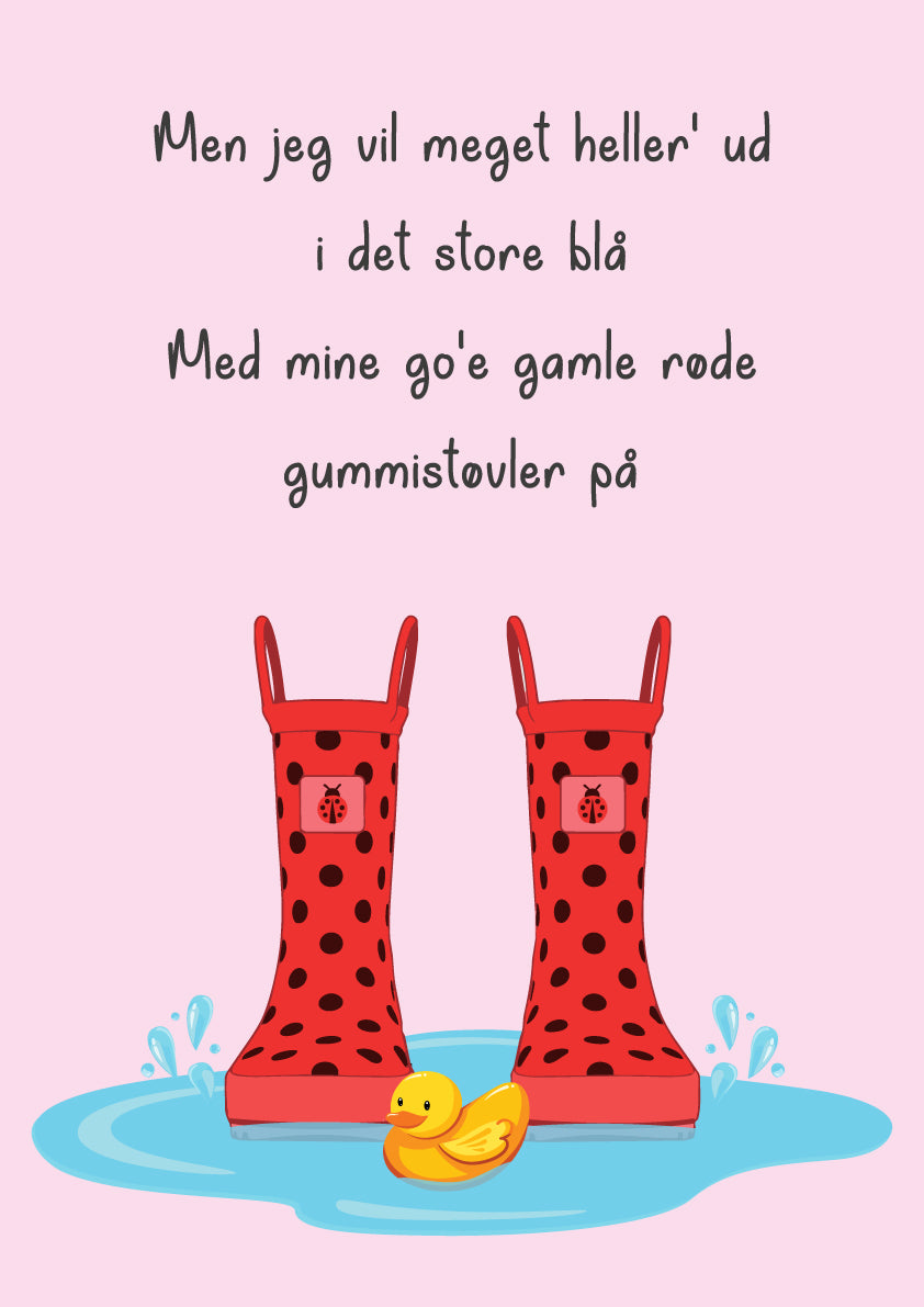 Børne-plakat Røde Gummistøvler i lyserød med tekst fra børnesangen