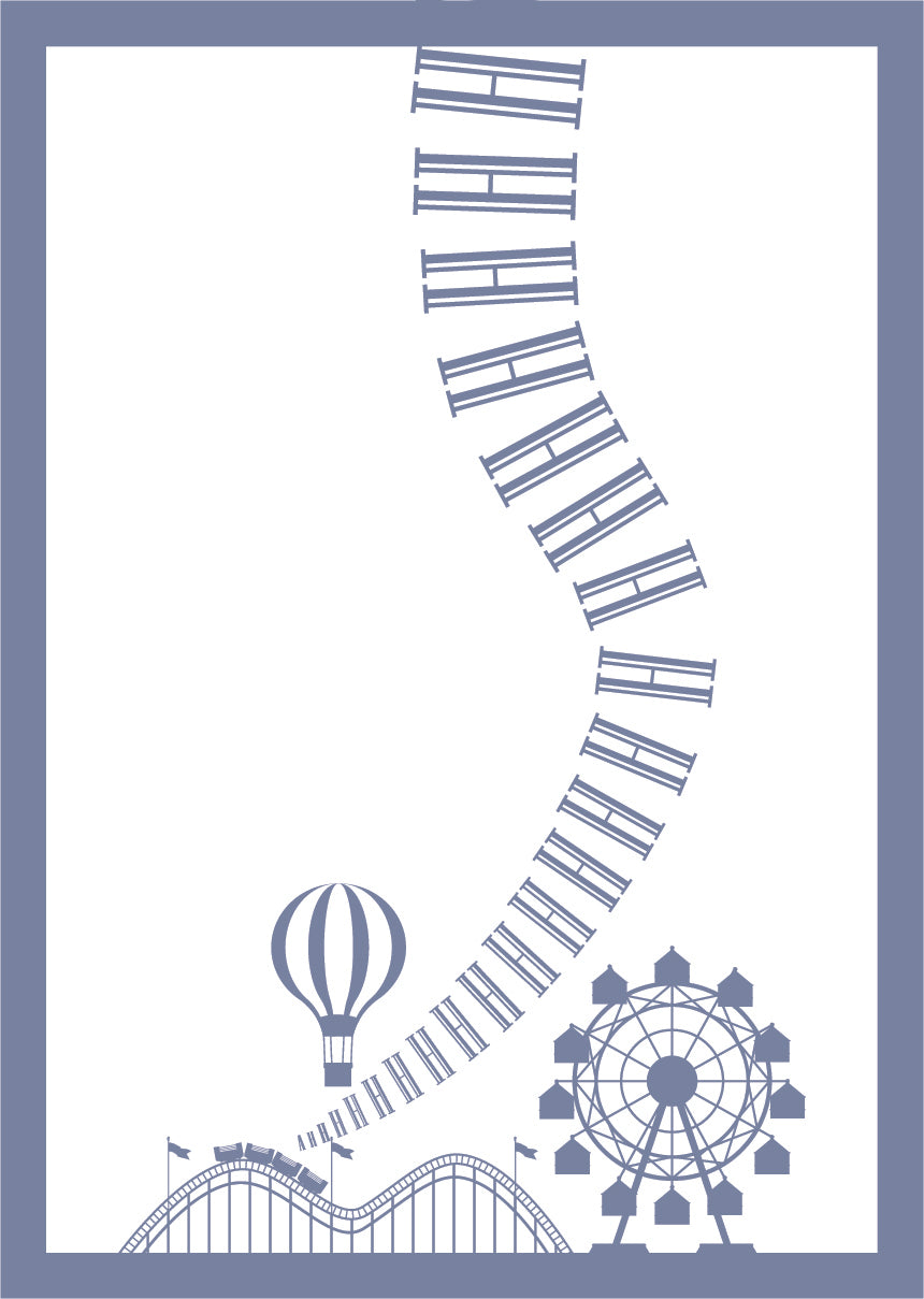Minimalistisk børneplakat i lavendelblå med en tivoli rutsjebane
