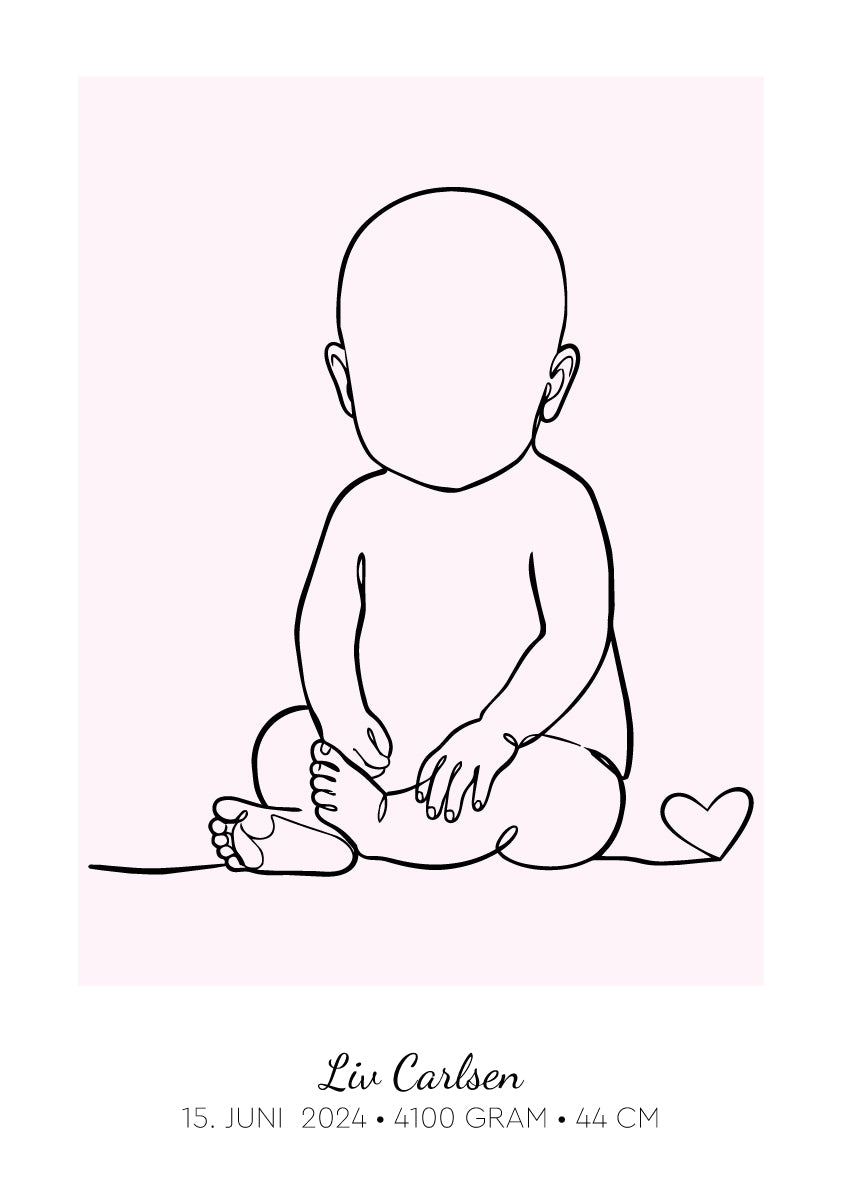 Personlig baby-plakat med stregtegning af siddende baby i babypink, navn og fødselsdato