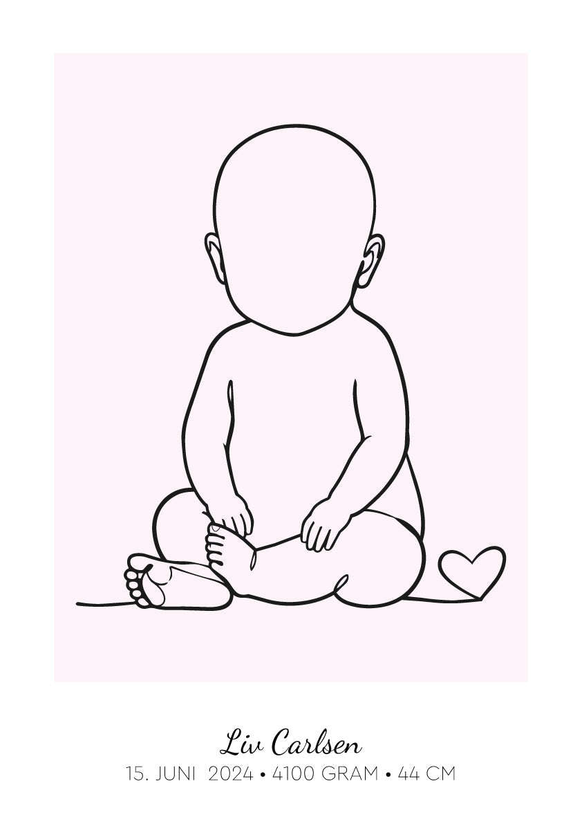 Personlig baby-plakat med stregtegning af siddende baby i babypink, navn og fødselsdato