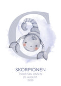 Personlig stjernetegnsplakat Skorpionen i blå med navn og fødselsdato til børneværelse