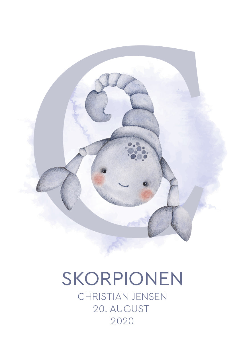Personlig stjernetegnsplakat Skorpionen i blå med navn og fødselsdato til børneværelse