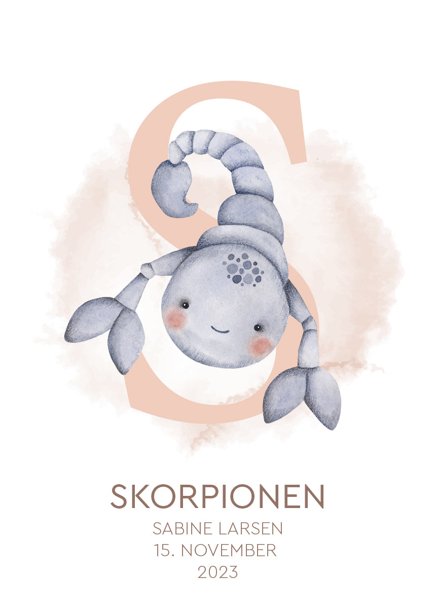 Personlig stjernetegnsplakat Skorpionen i fersken med navn og fødselsdato til børneværelse