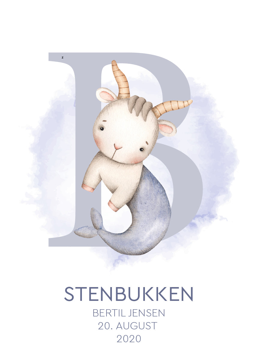 Personlig stjernetegnsplakat Stenbukken i blå med navn og fødselsdato til børneværelse