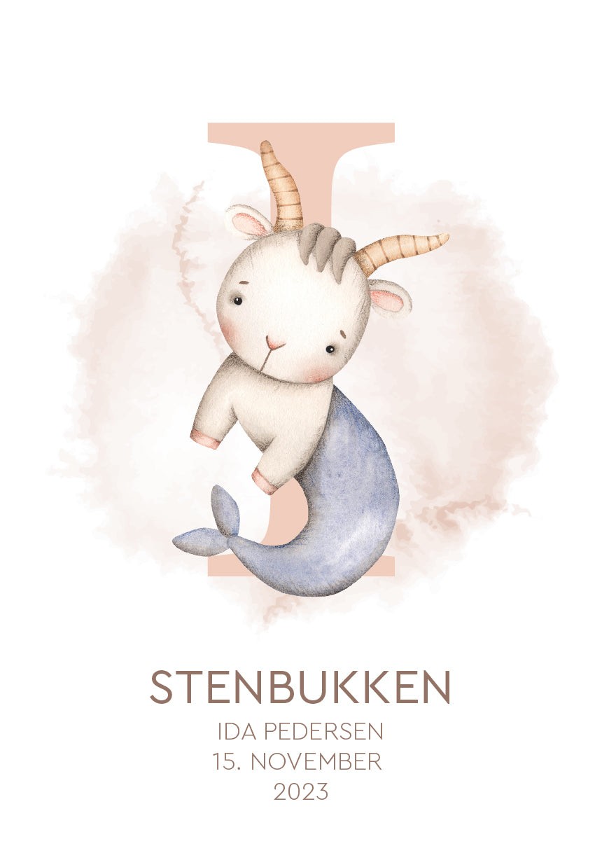 Personlig stjernetegnsplakat Stenbukken i fersken med navn og fødselsdato til børneværelse